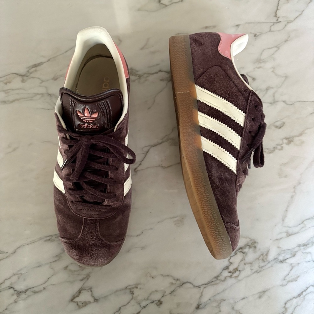 Adidas Brown Suede Sneakers with Pink Accents
